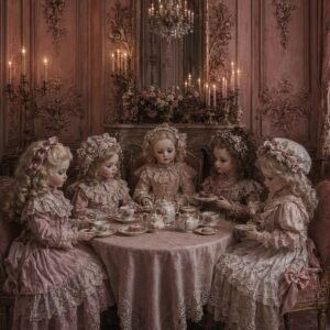 Affiche représentant un moment délicat et presque irréel : cinq poupées élégamment vêtues autour d’une table de thé, dans un décor ancien aux accents romantiques. L’ensemble crée une image douce, raffinée et un peu mystérieuse