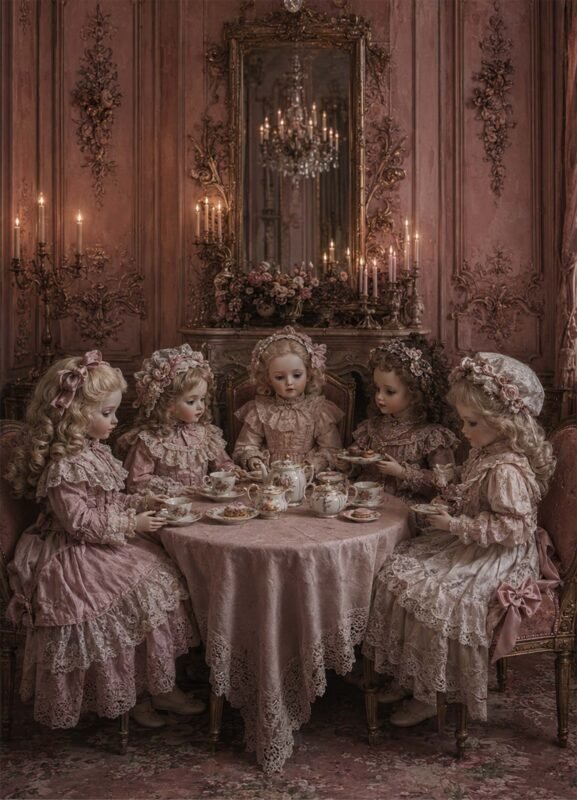 Cinq poupées élégantes autour d'une table de thé dans un décor ancien rose poudré