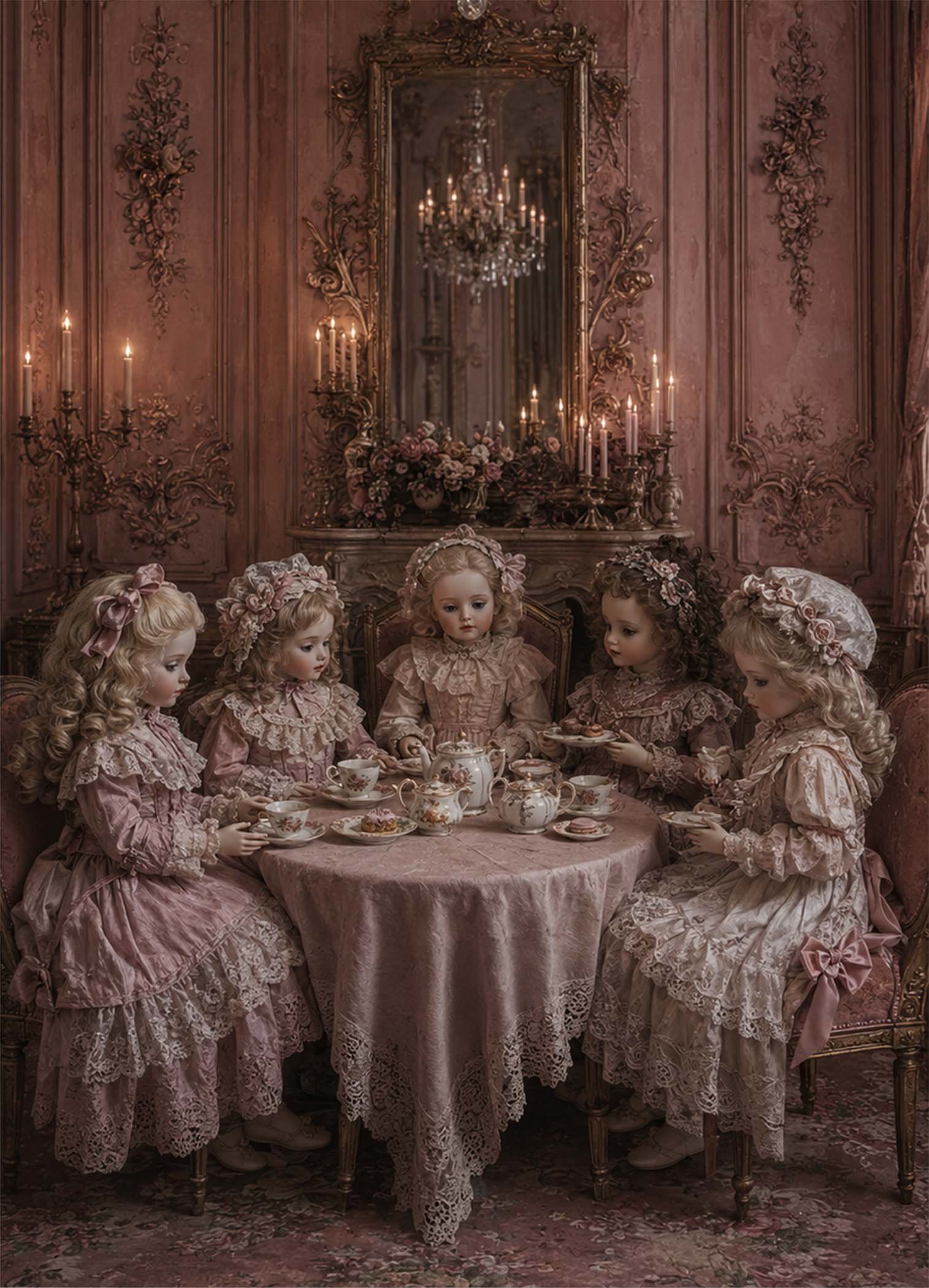Cinq poupées élégantes autour d'une table de thé dans un décor ancien rose poudré