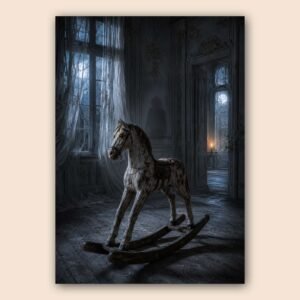 Affiche d'un cheval à bascule ancien dans un décor sombre