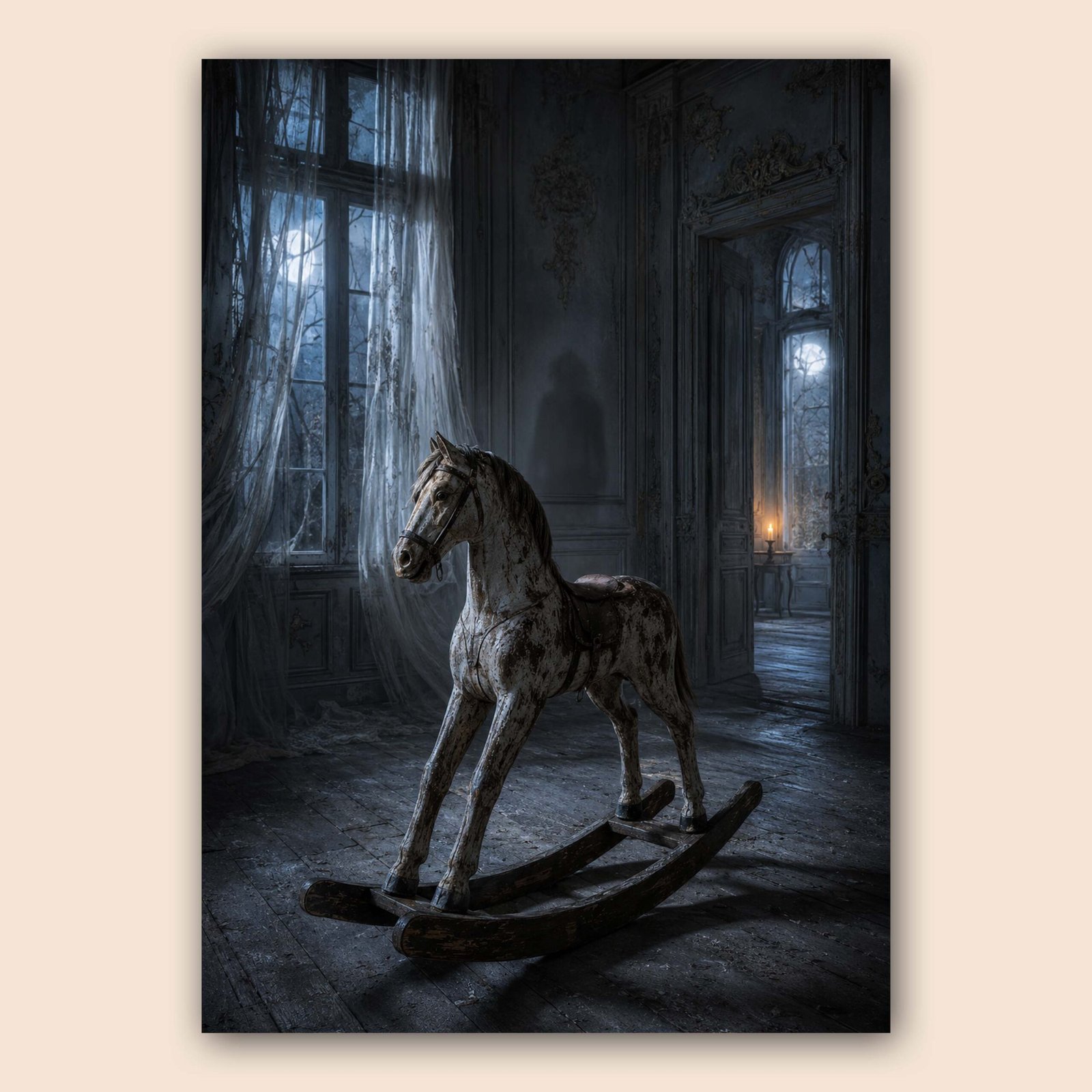 Affiche d'un cheval à bascule ancien dans un décor sombre