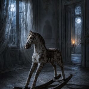 Affiche représentant un cheval à bascule ancien, posé dans une grande pièce au charme oublié. L'image joue sur les contrastes entre la lumière froide des fenêtres et la petite lueur chaude au fond, pour une ambiance à la fois mystérieuse et élégante