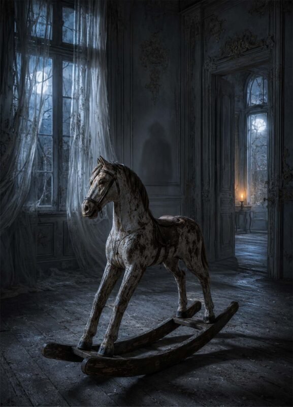 Cheval à bascule ancien dans une pièce sombre et élégante