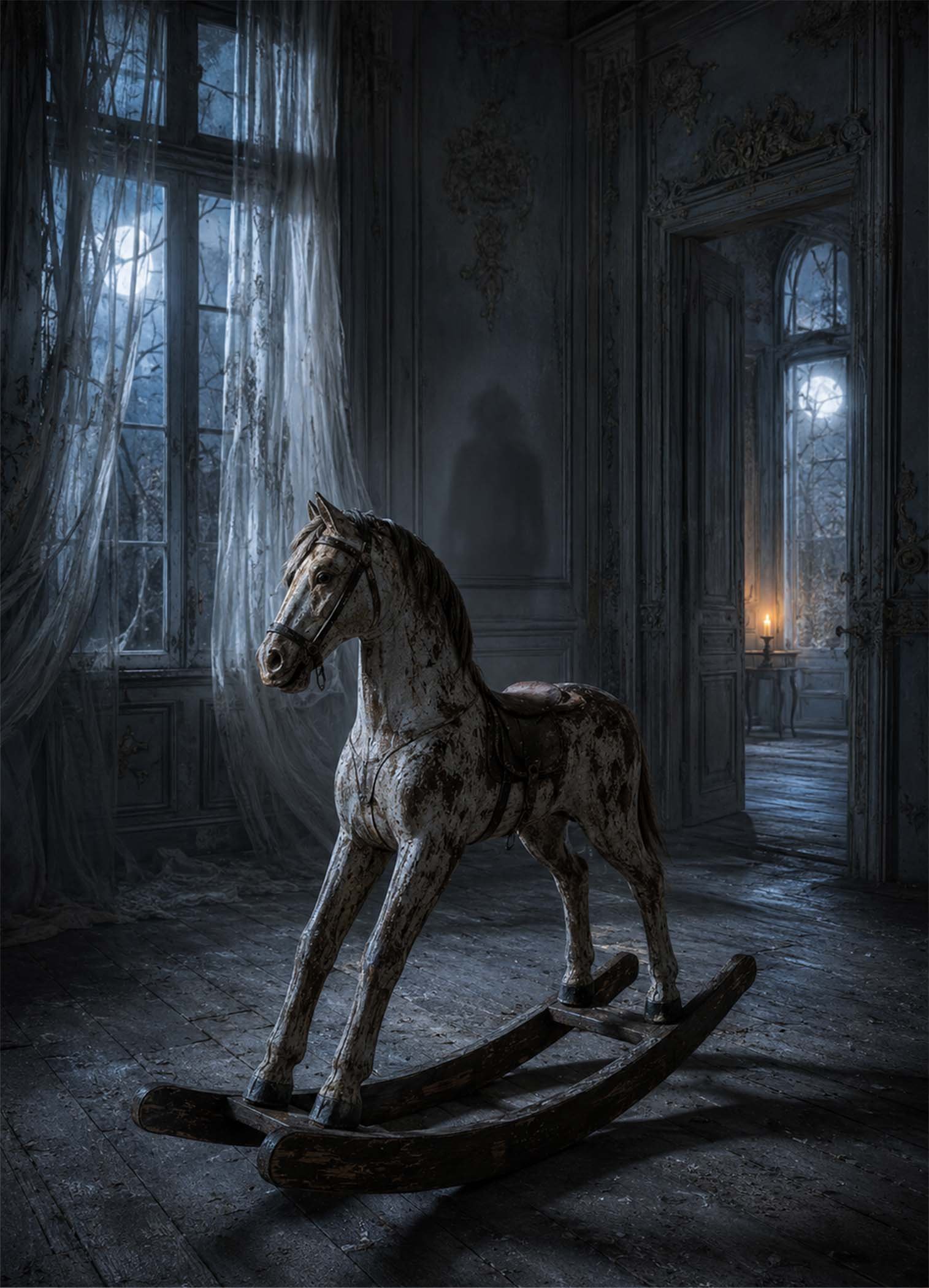 Cheval à bascule ancien dans une pièce sombre et élégante