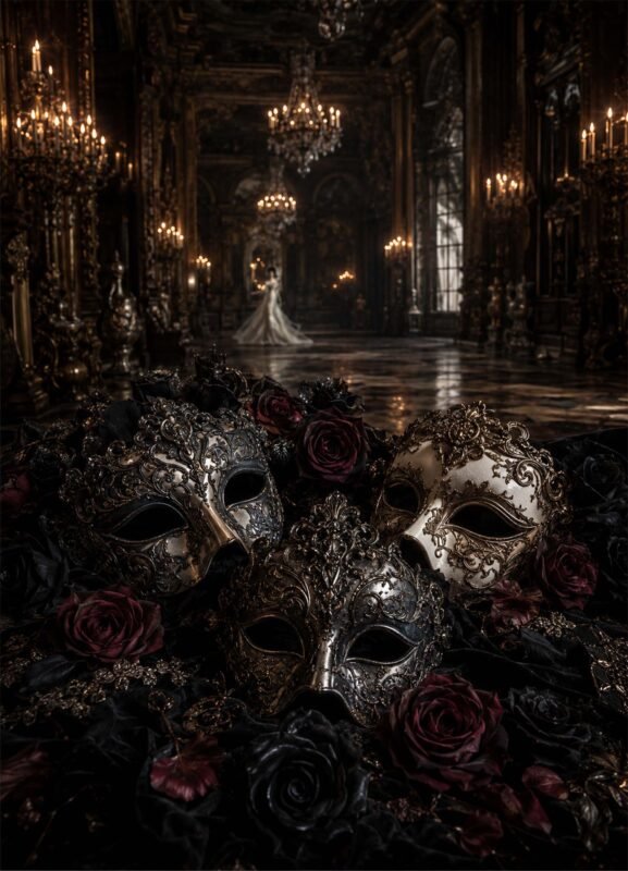 Masques ornés dans un décor gothique avec roses sombres et lumière dorée
