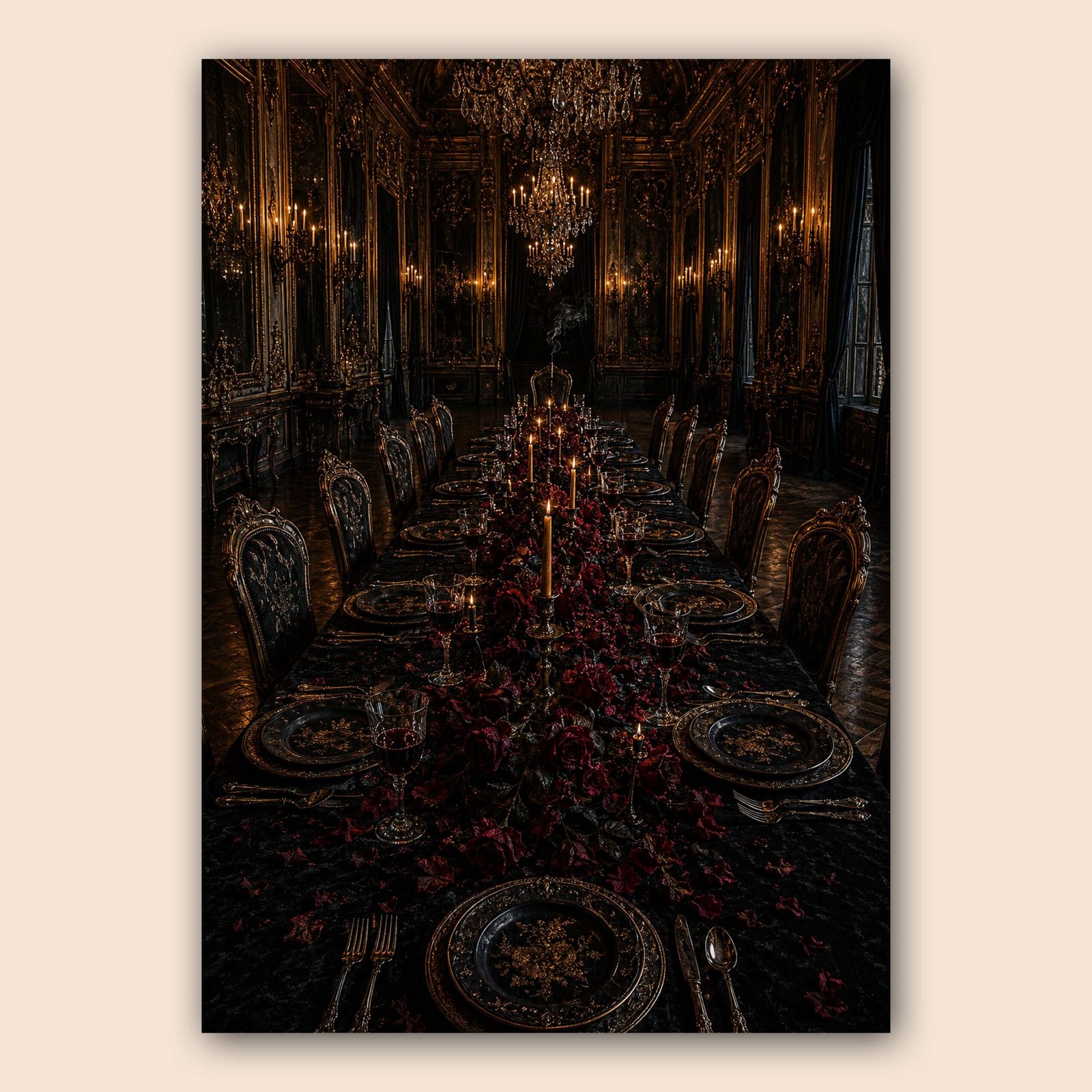 Décor de table gothique avec lumière à la bougie et ambiance luxueuse