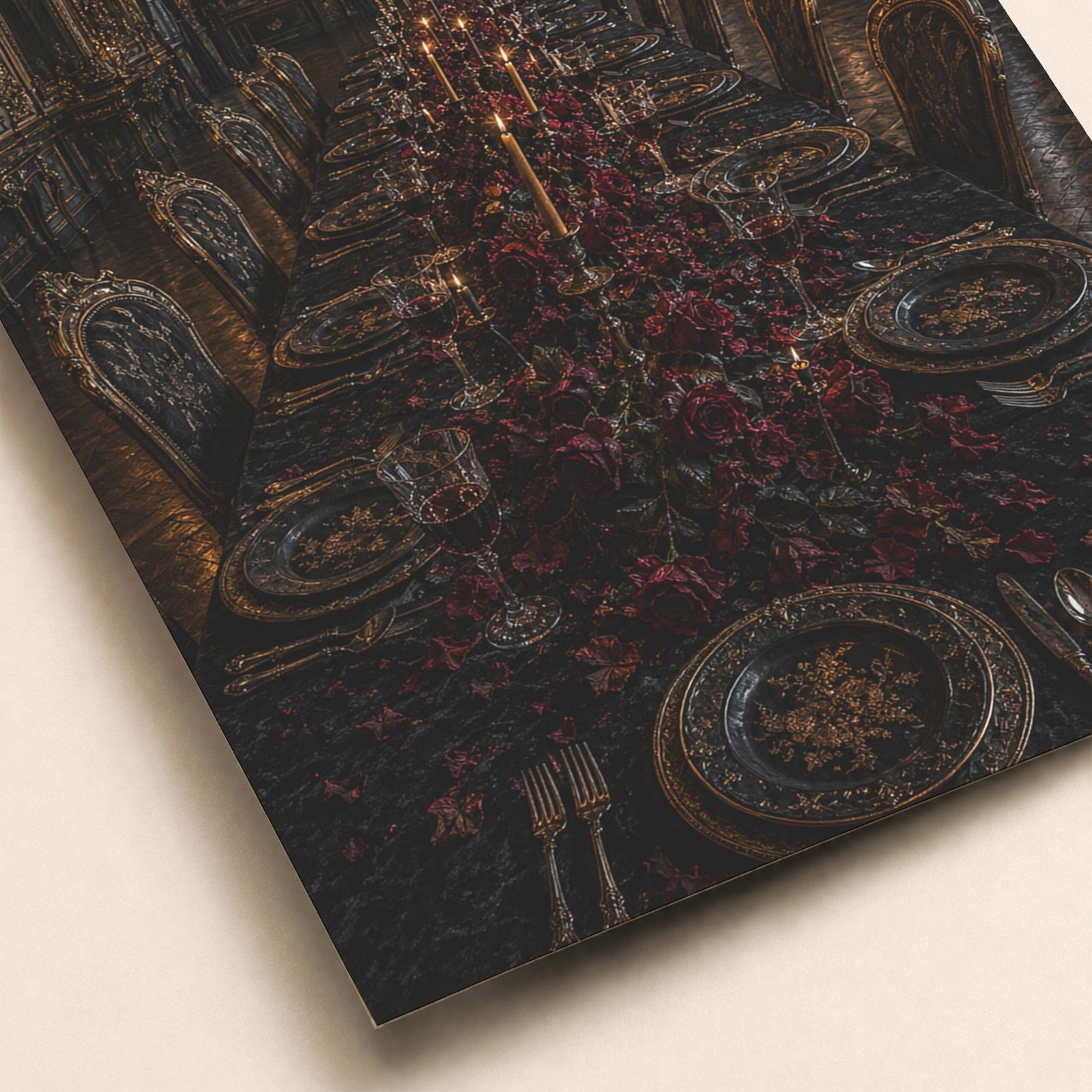 Détail de la table dressée avec bougies, vaisselle sombre et ornements dorés