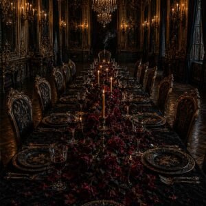 Affiche représentant une longue table dressée dans un décor sombre et somptueux, avec une lumière de bougies qui attire immédiatement le regard. Les détails dorés, les ombres profondes et les touches bordeaux créent une composition riche et immersive