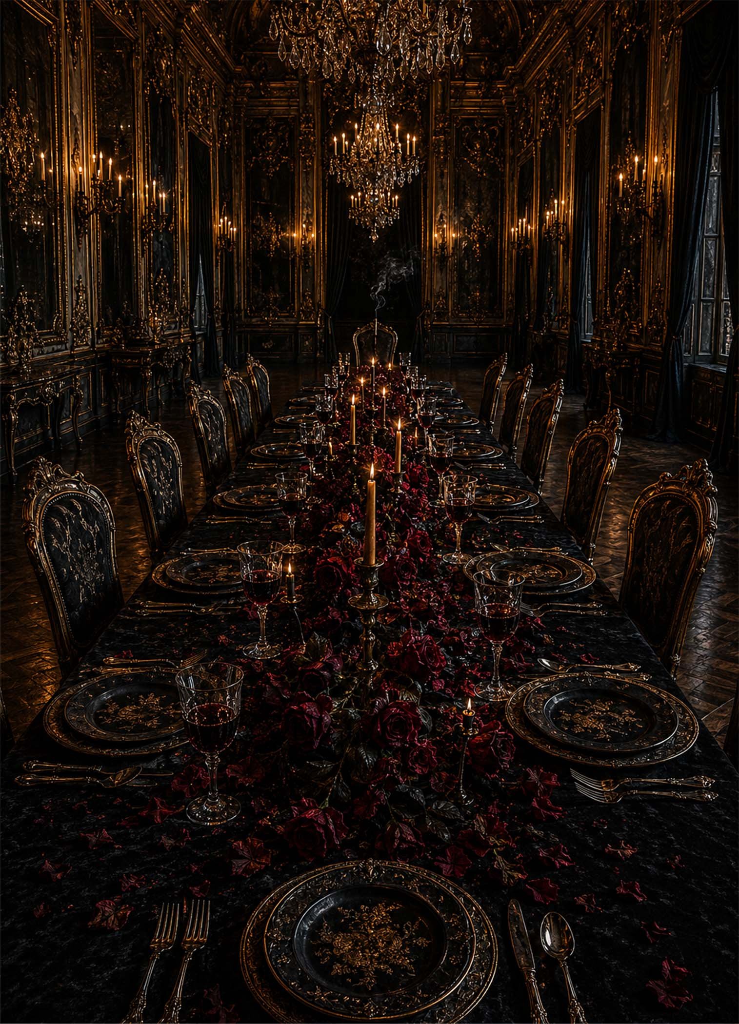 Affiche représentant une longue table dressée dans un décor sombre et somptueux, avec une lumière de bougies qui attire immédiatement le regard. Les détails dorés, les ombres profondes et les touches bordeaux créent une composition riche et immersive