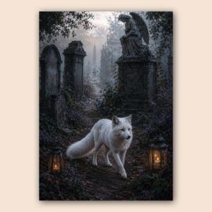 Affiche d’un renard blanc dans une scène mystique