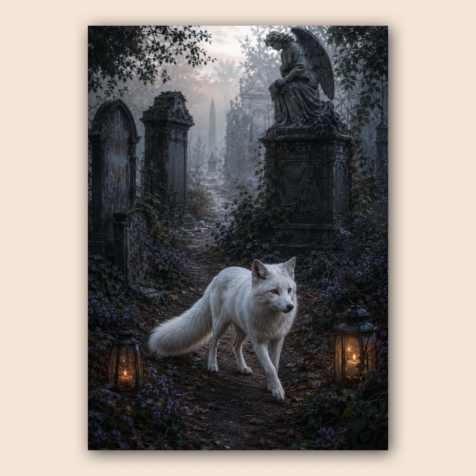 Affiche d’un renard blanc dans une scène mystique