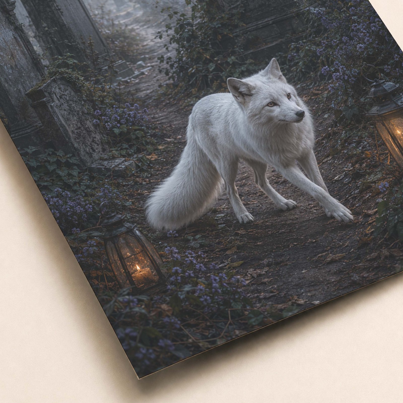 Détail du renard blanc sur fond mystique