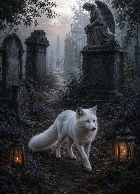 Renard blanc dans un décor sombre et mystique