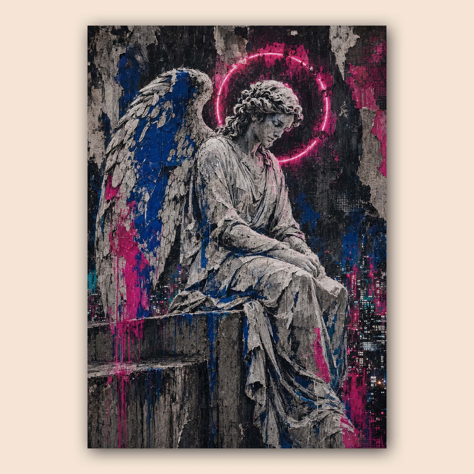 Affiche d’un ange urbain avec halo neon rose