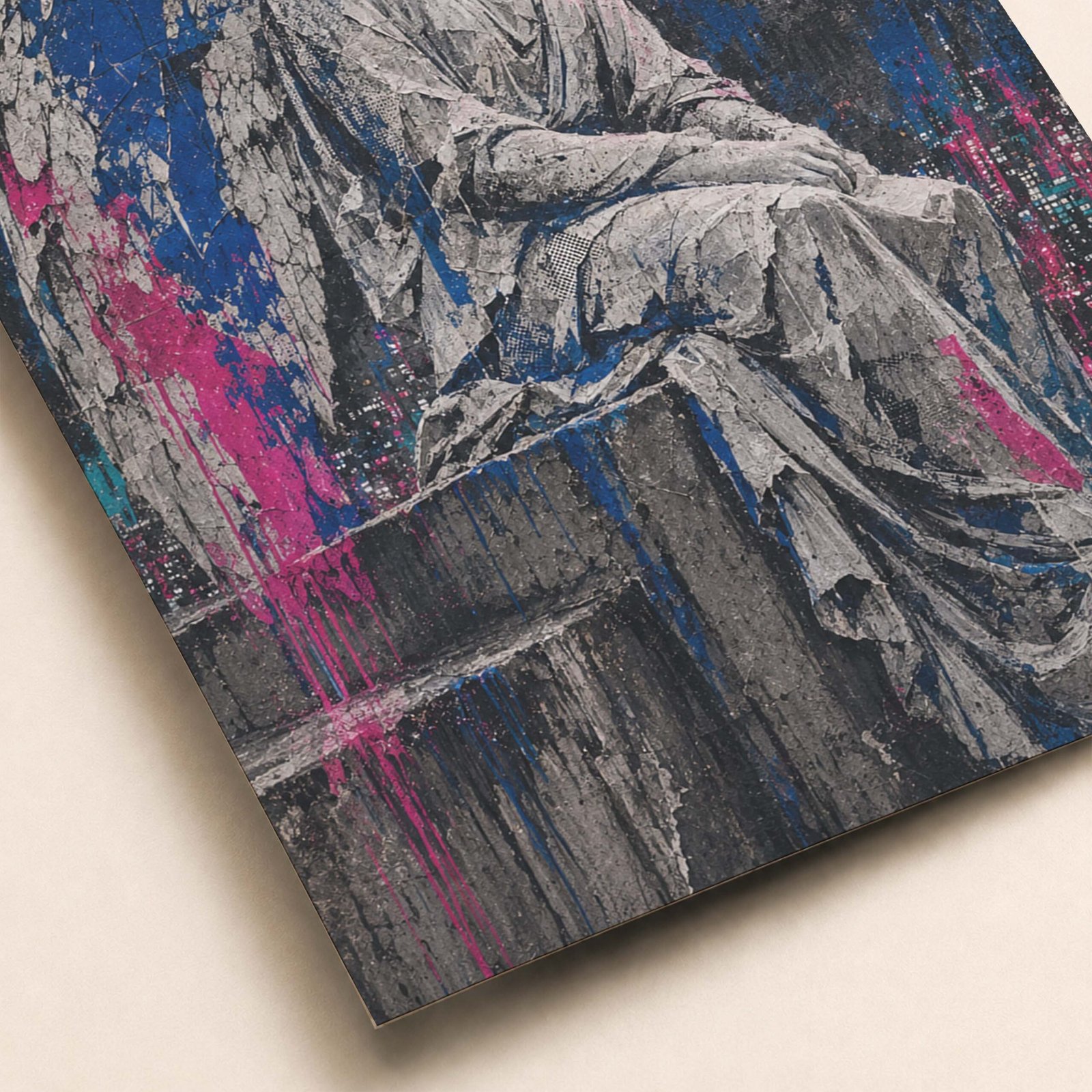 Detail de l’ange assis et du halo neon rose