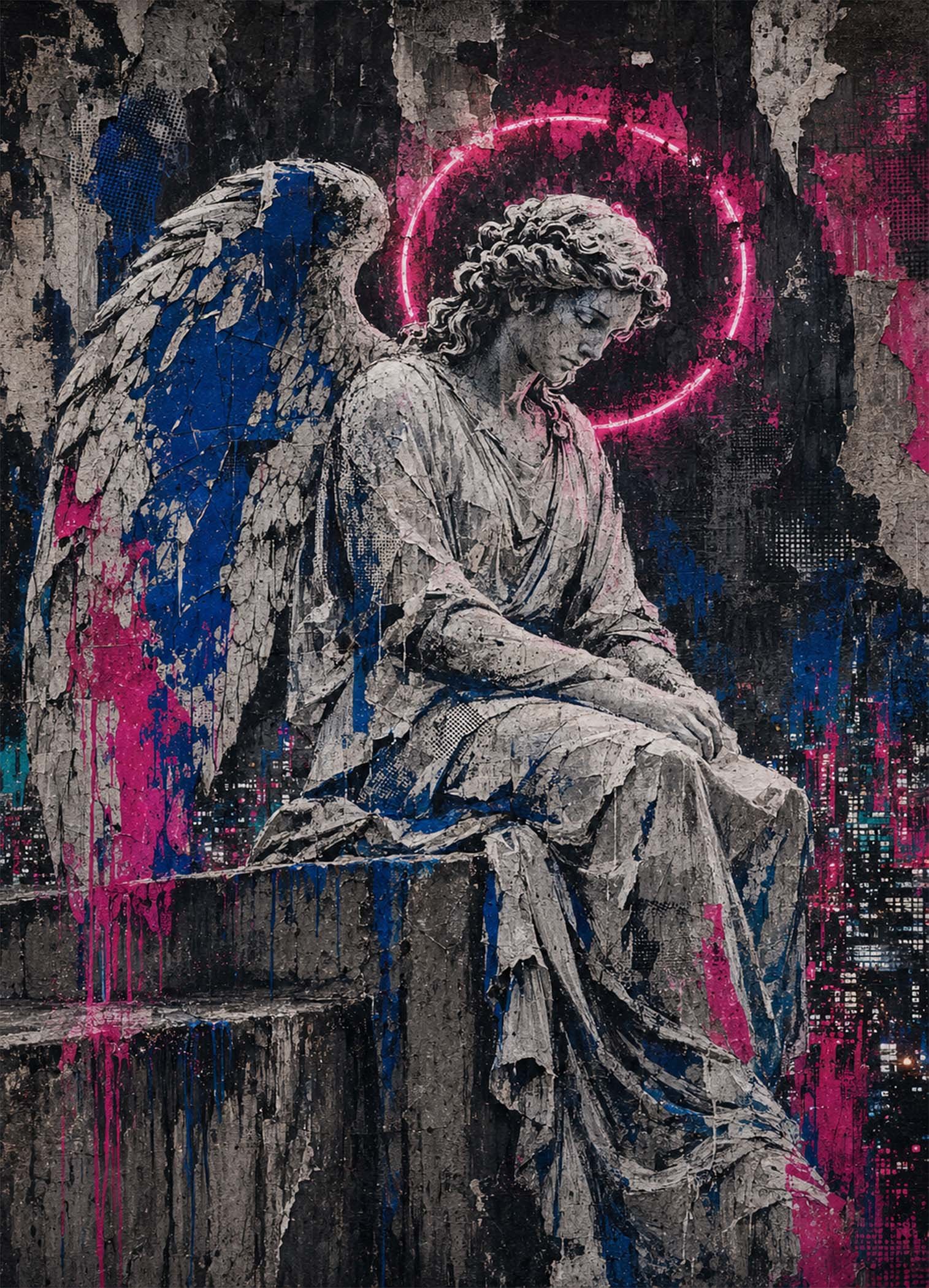 Ange assis avec halo neon rose sur fond street art urbain