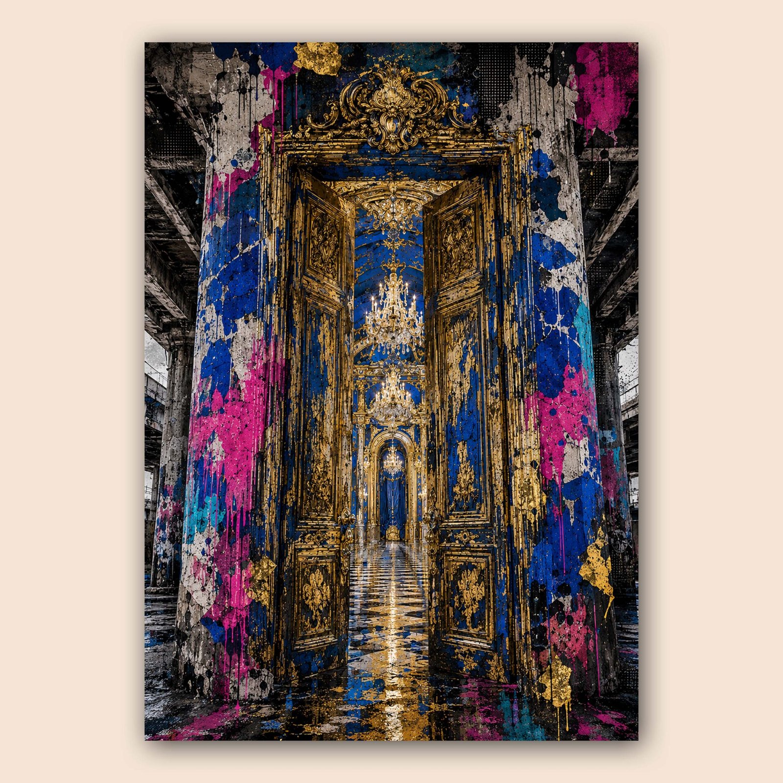 Décor baroque doré avec éclaboussures de peinture graffiti colorée