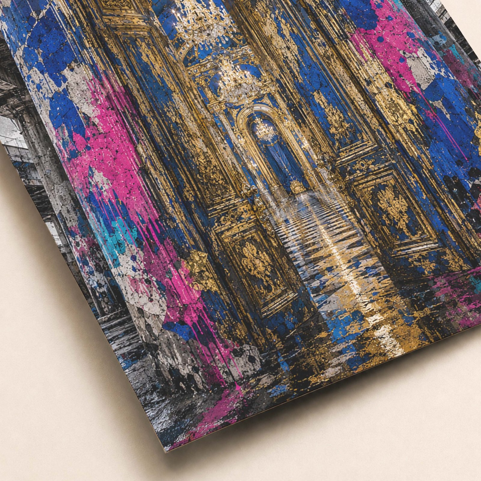 Détails de la porte dorée baroque et des textures graffiti sur fond urbain