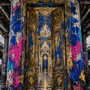 Affiche représentant une composition autour de porte baroque colorée