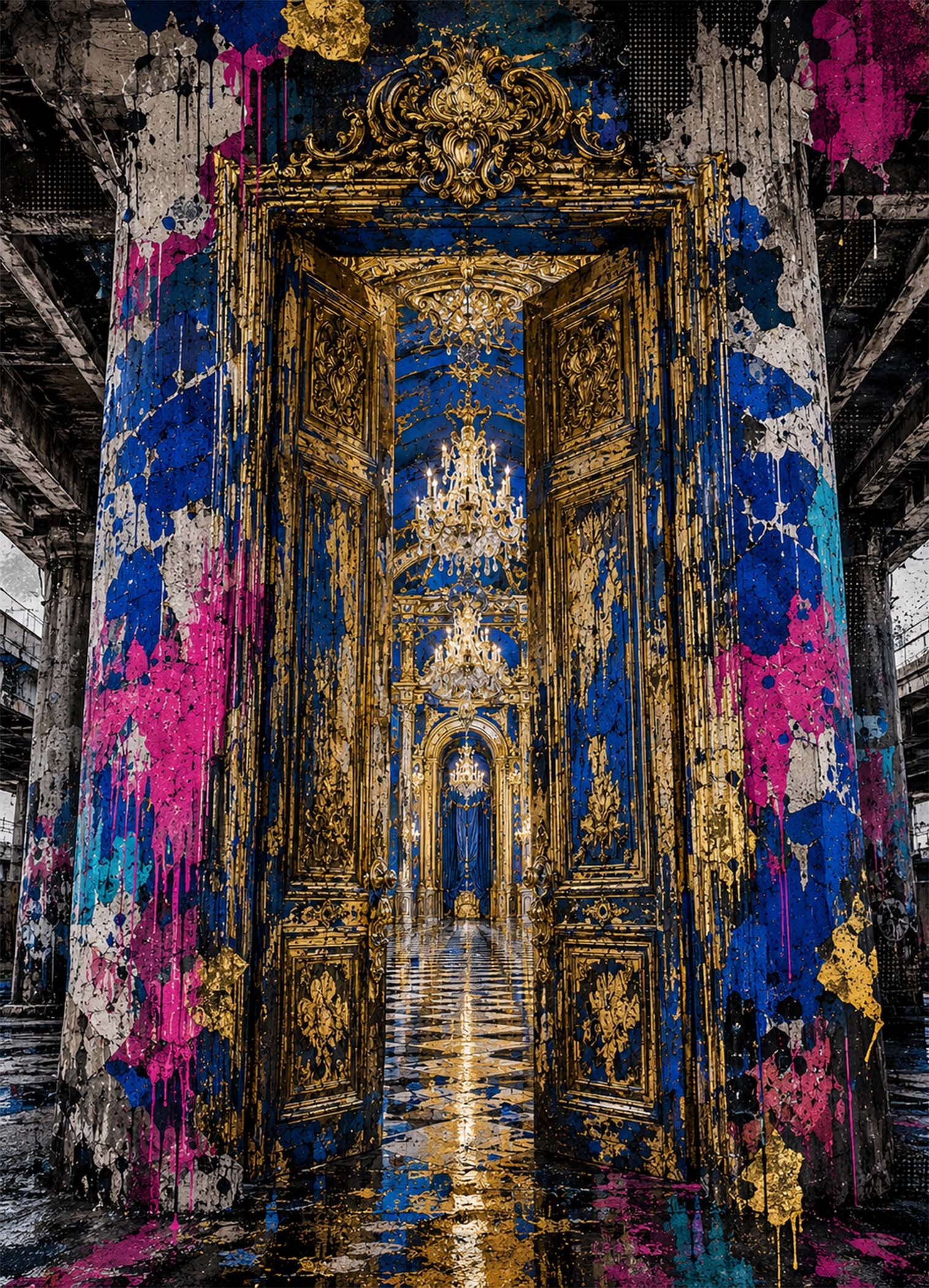 Affiche représentant une composition autour de porte baroque colorée