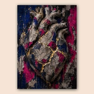 Affiche décorative d’un cœur anatomique artistique aux couleurs noir, bleu, fuchsia et or