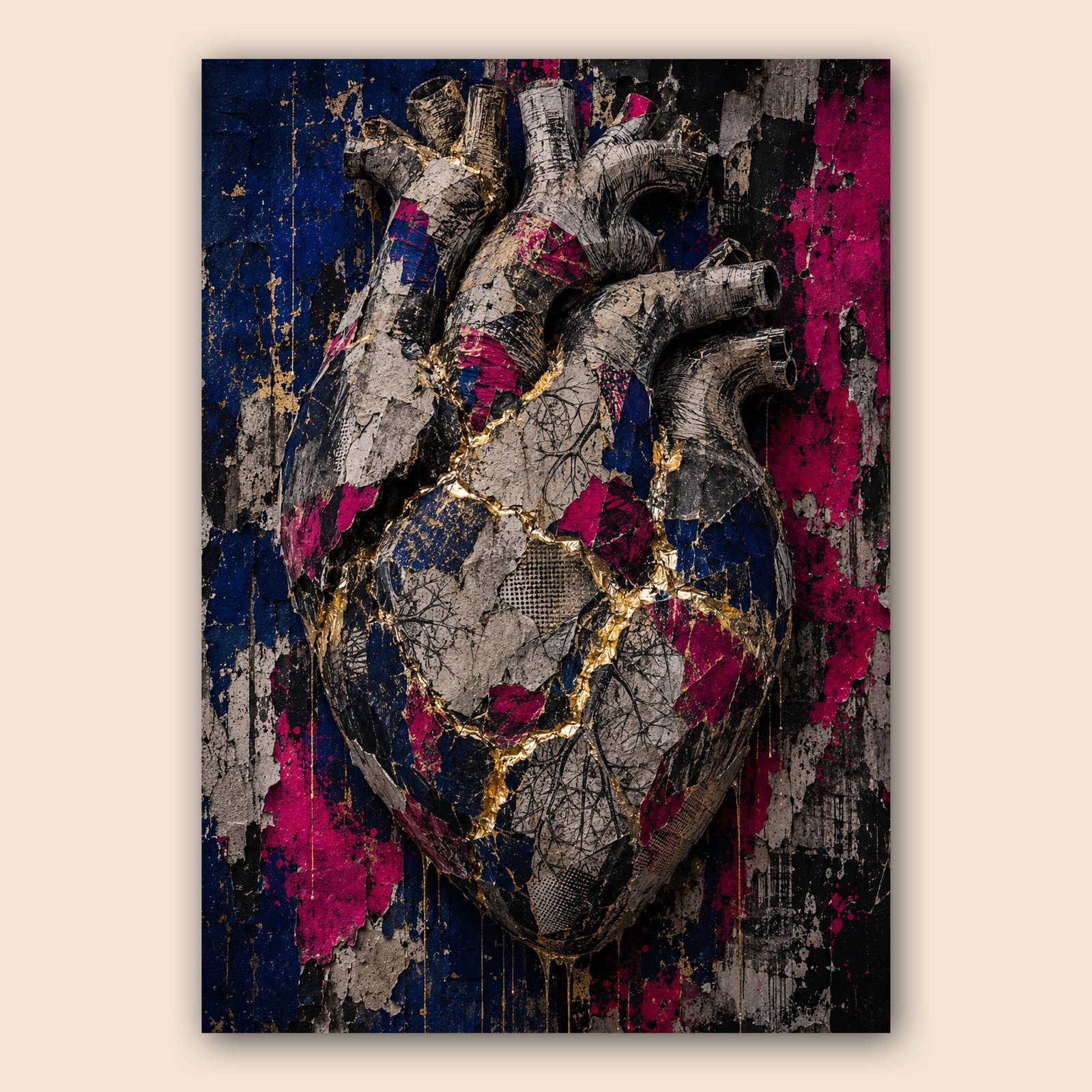 Affiche décorative d’un cœur anatomique artistique aux couleurs noir, bleu, fuchsia et or