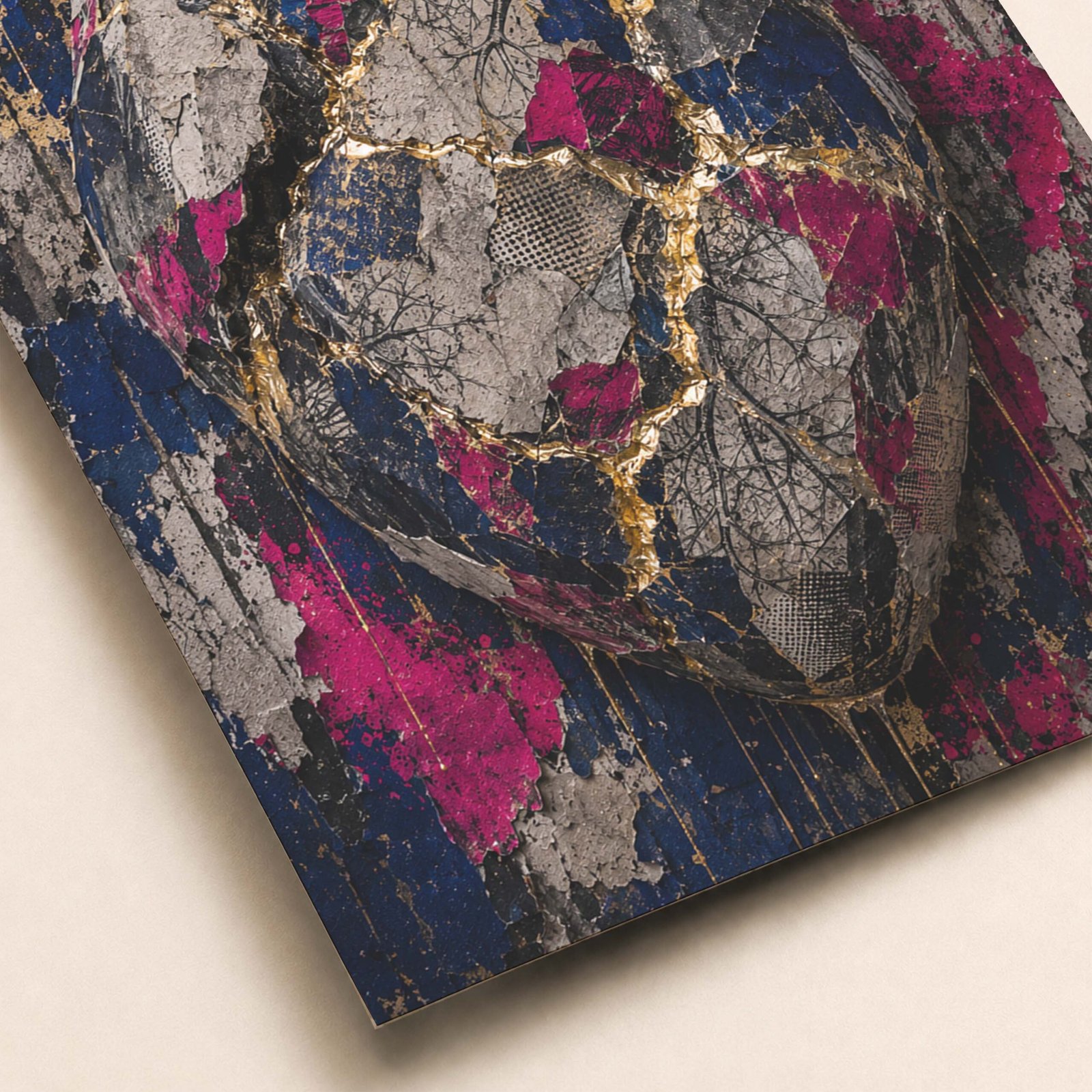 Détail d’un cœur artistique texturé avec fissures dorées et aplats colorés