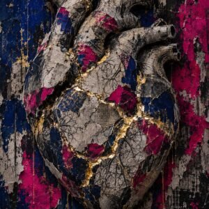 Affiche représentant un cœur anatomique revisité dans un style artistique fort, presque sculptural. Les textures brutes, les fissures dorées et les aplats de bleu profond et de fuchsia créent un contraste saisissant