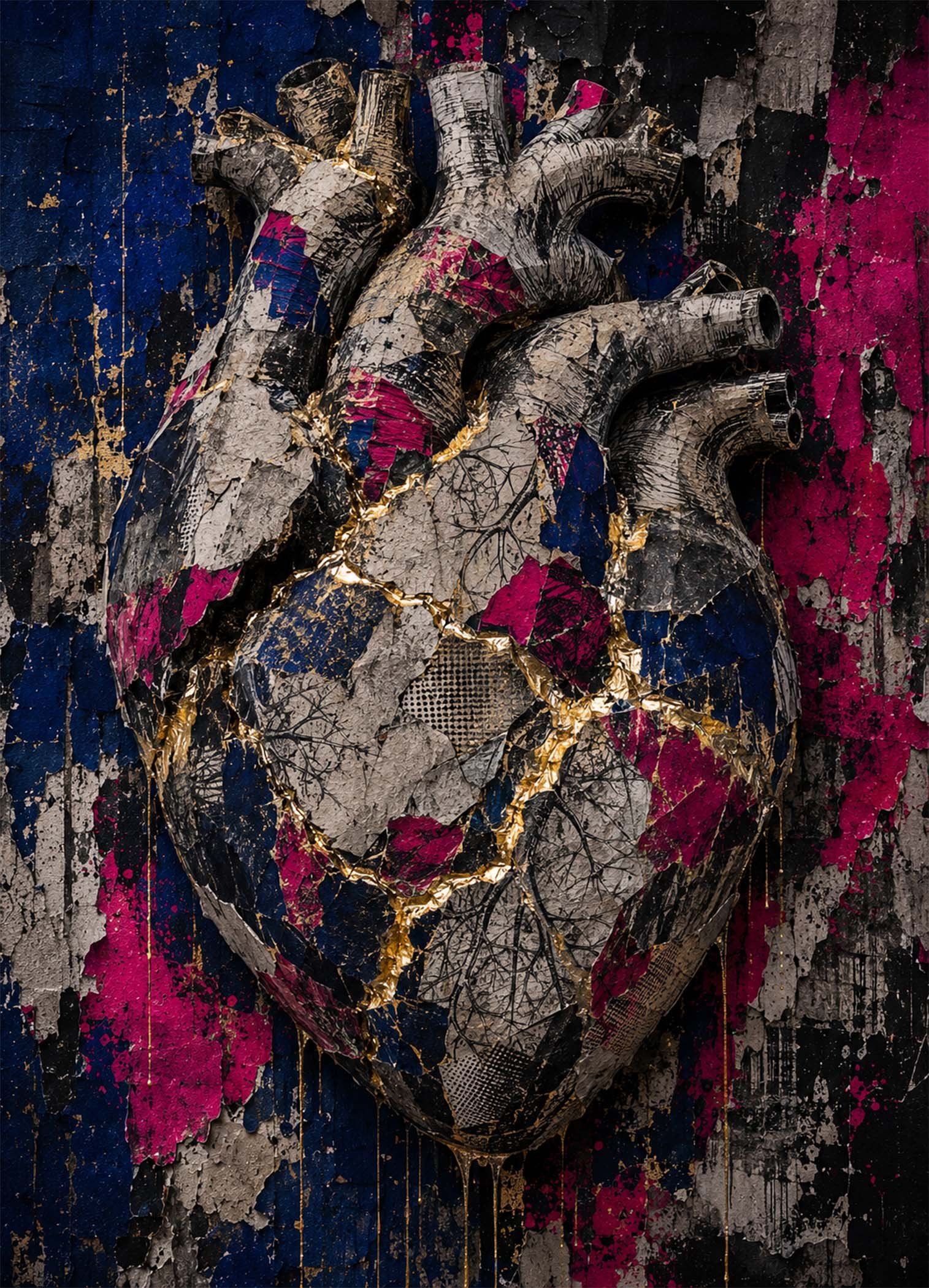 Affiche représentant un cœur anatomique revisité dans un style artistique fort, presque sculptural. Les textures brutes, les fissures dorées et les aplats de bleu profond et de fuchsia créent un contraste saisissant