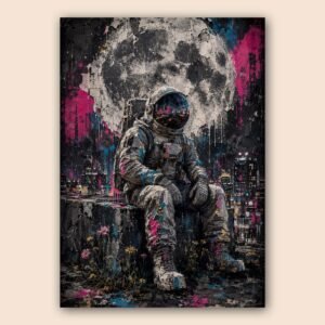 Affiche d’un astronaute assis dans un décor urbain sombre avec lune en arrière-plan