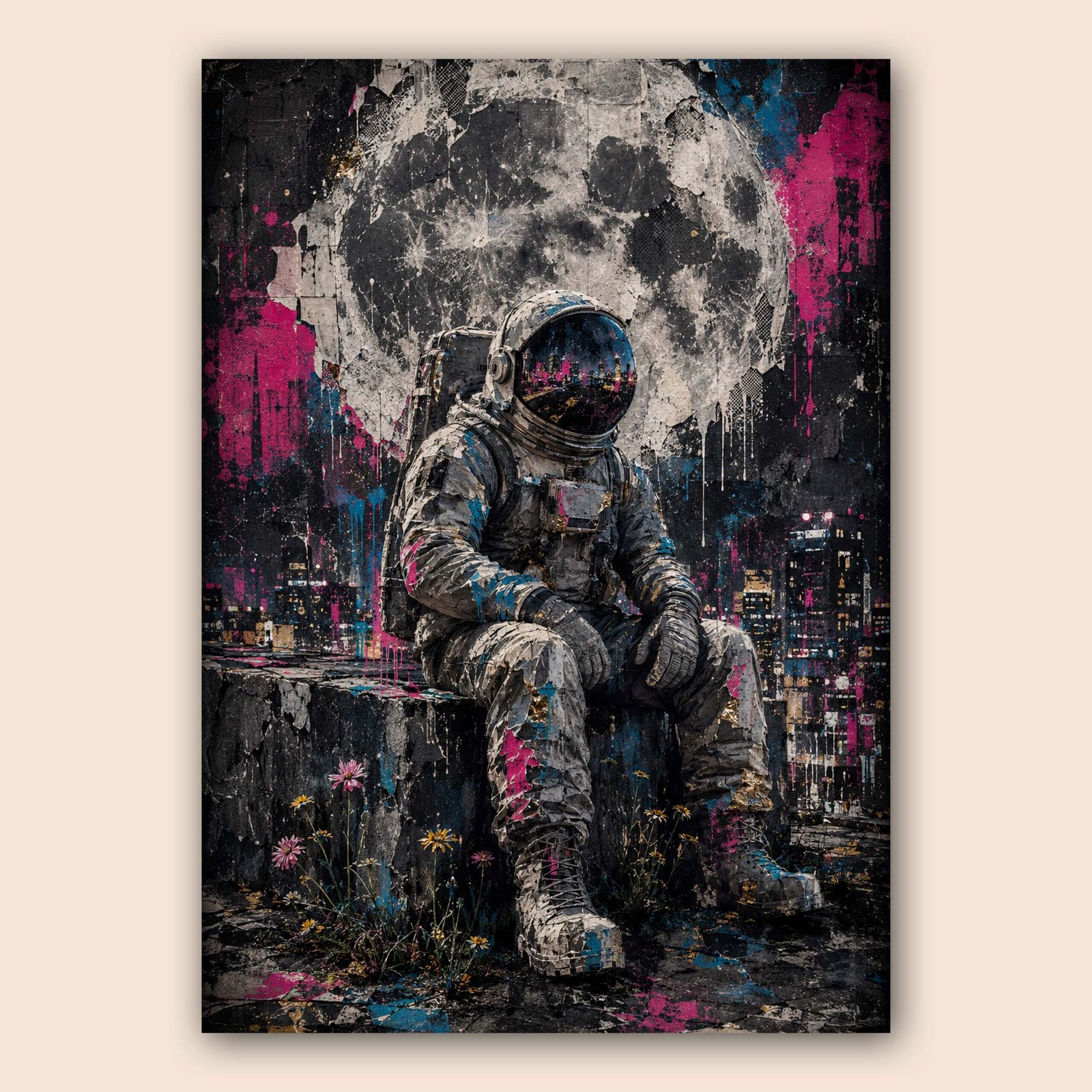 Affiche d’un astronaute assis dans un décor urbain sombre avec lune en arrière-plan