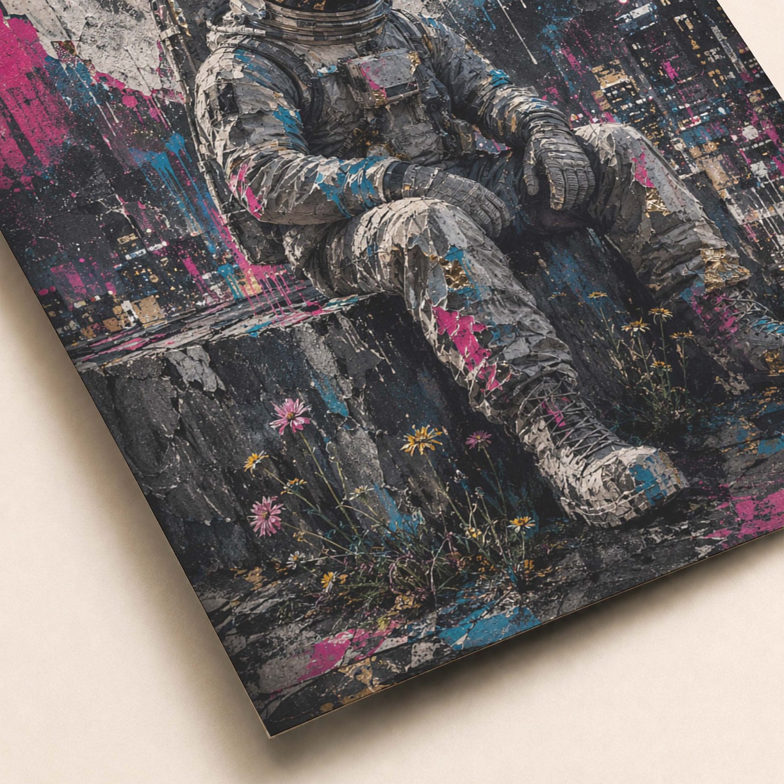 Détail de l’astronaute avec casque réfléchissant et textures peintes