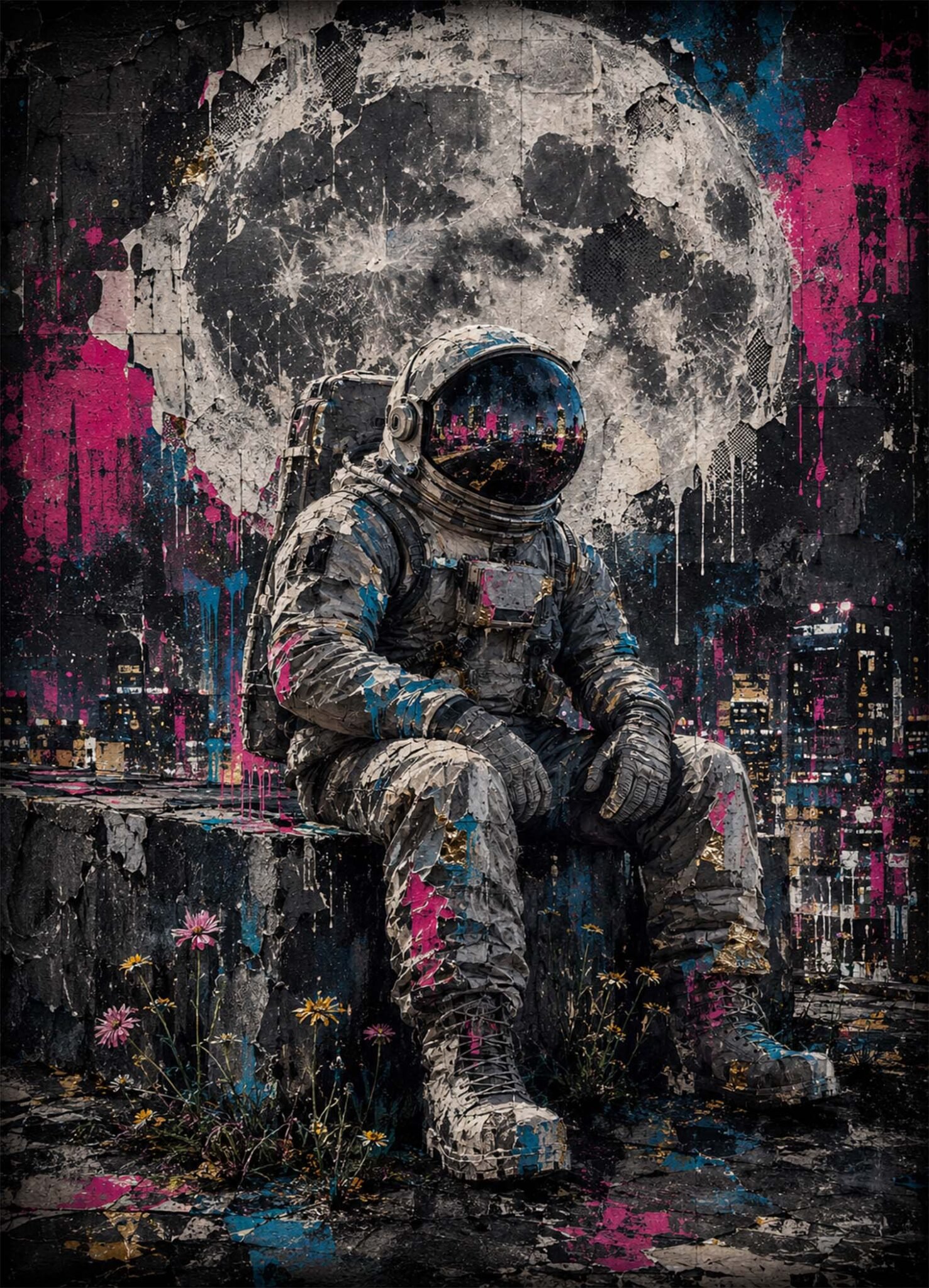 Affiche représentant Un astronaute solitaire prend place au cœur d’un décor urbain sombre, presque cinématographique. La grande lune en arrière-plan et les éclats de peinture donnent à l’ensemble une présence forte, entre rêve spatial et ambiance street art