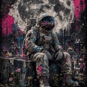 Affiche représentant Un astronaute solitaire prend place au cœur d’un décor urbain sombre, presque cinématographique. La grande lune en arrière-plan et les éclats de peinture donnent à l’ensemble une présence forte, entre rêve spatial et ambiance street art
