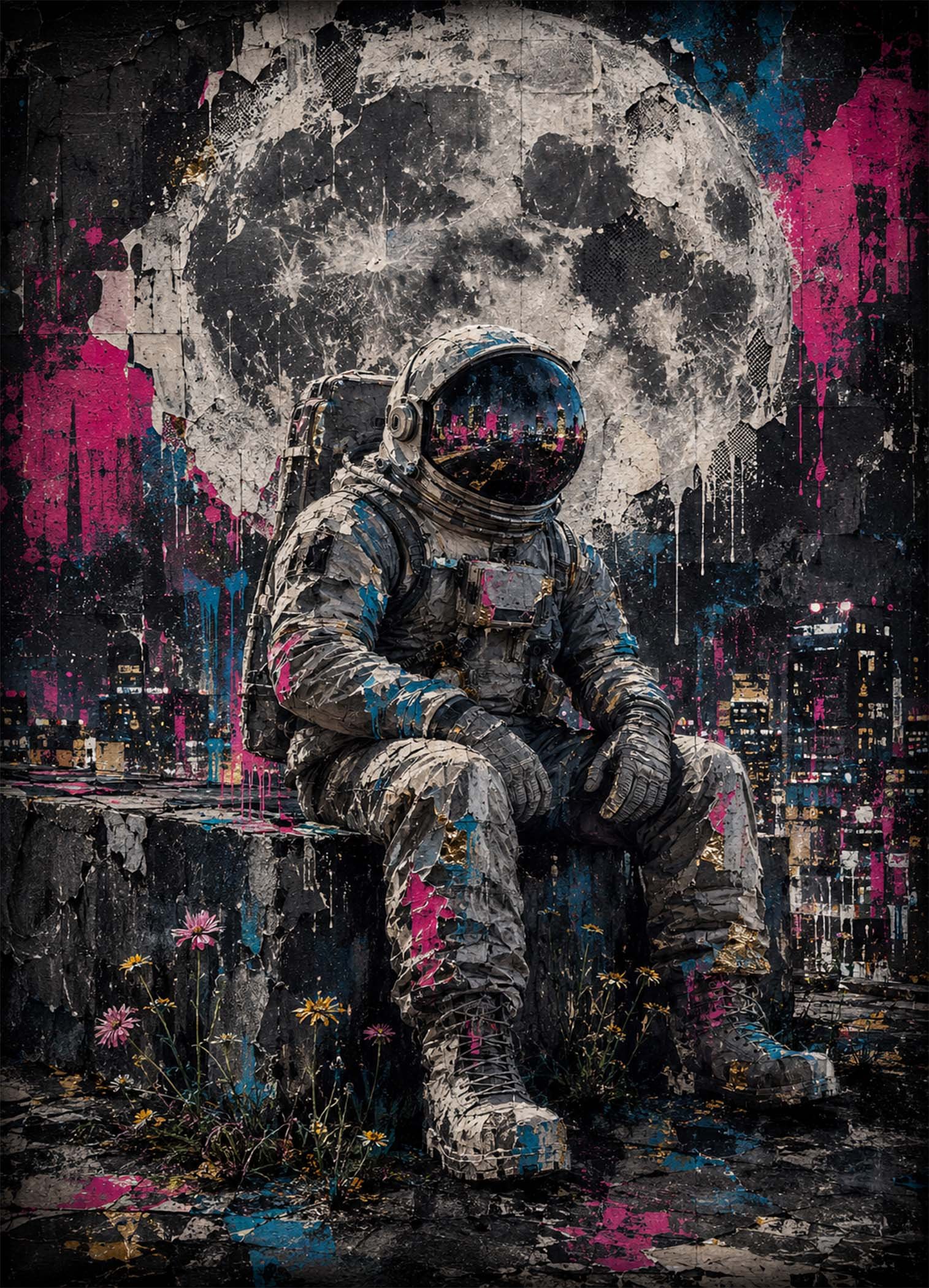 Affiche représentant Un astronaute solitaire prend place au cœur d’un décor urbain sombre, presque cinématographique. La grande lune en arrière-plan et les éclats de peinture donnent à l’ensemble une présence forte, entre rêve spatial et ambiance street art