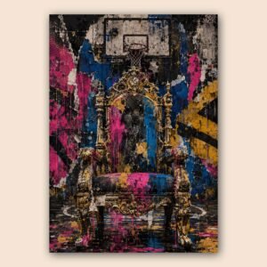 Affiche murale avec trone baroque et fond graffiti multicolore