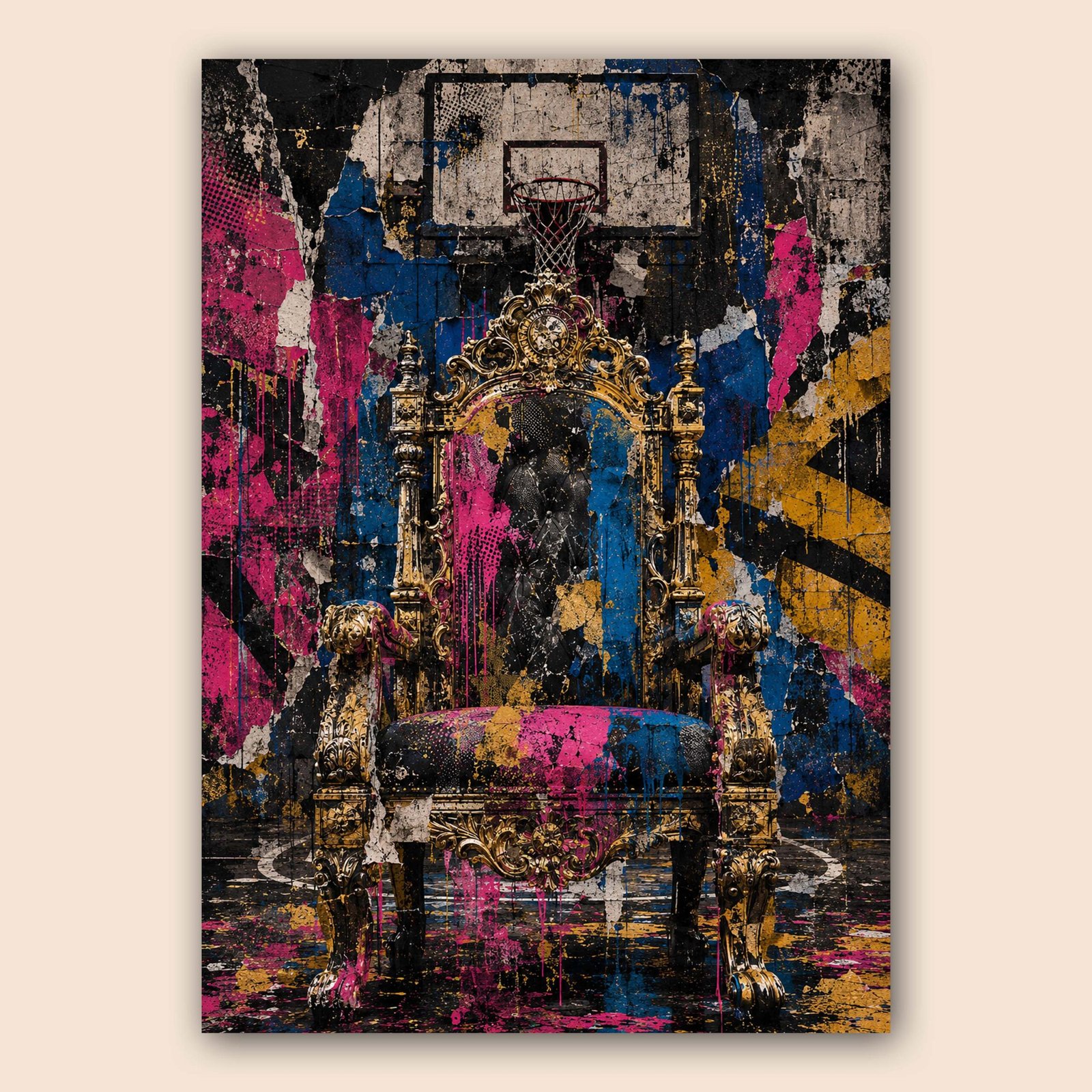 Affiche murale avec trone baroque et fond graffiti multicolore