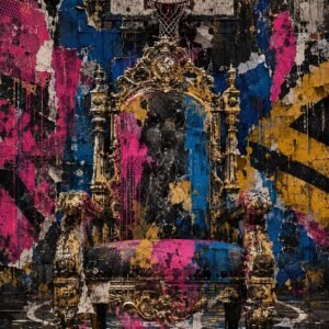 Affiche représentant une composition autour de trône baroque coloré