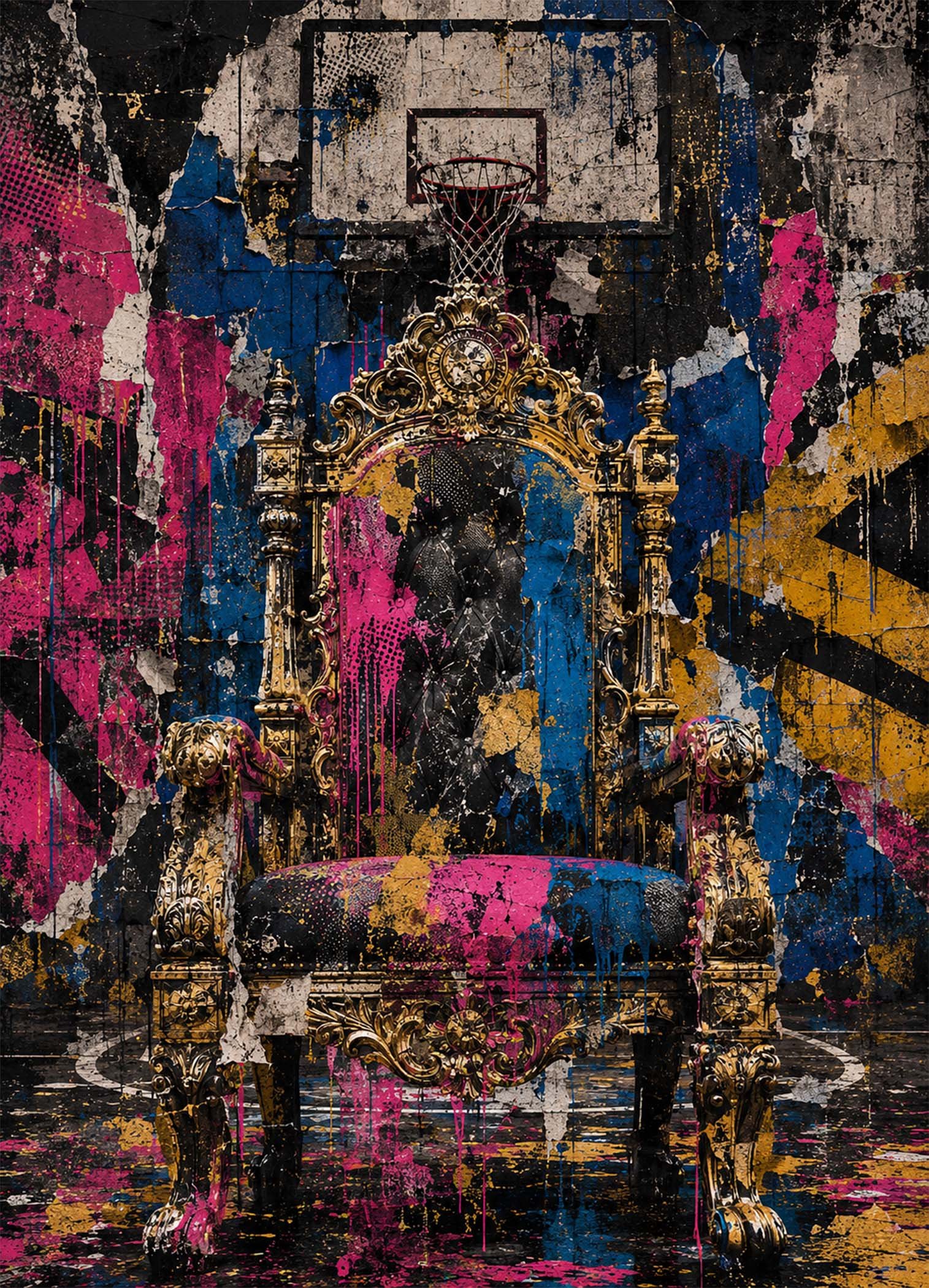 Affiche représentant une composition autour de trône baroque coloré