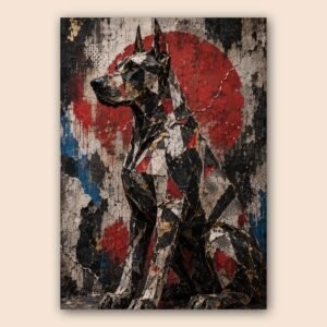 Poster décoratif d'un chien géométrique rouge noir pour salon moderne