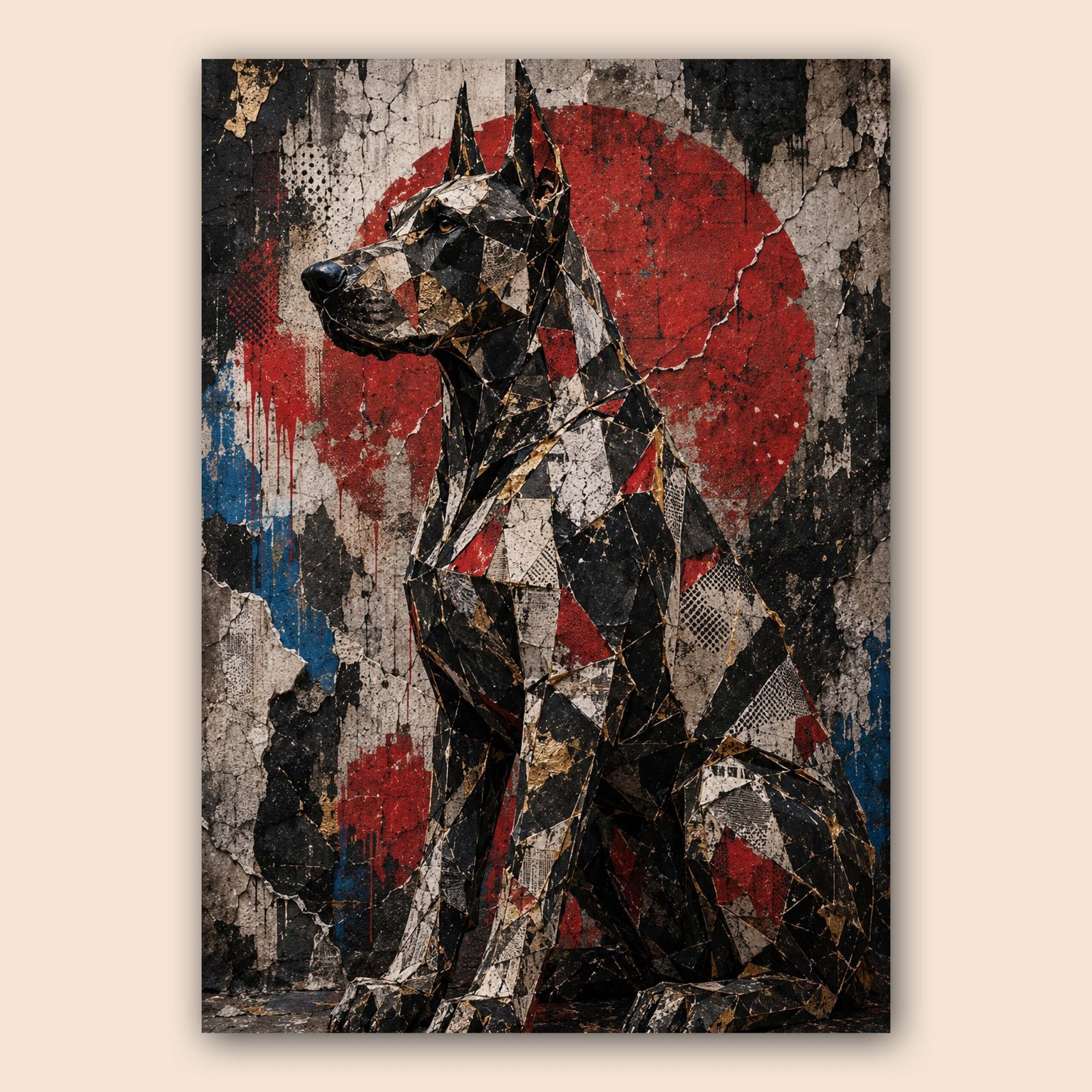 Poster décoratif d'un chien géométrique rouge noir pour salon moderne