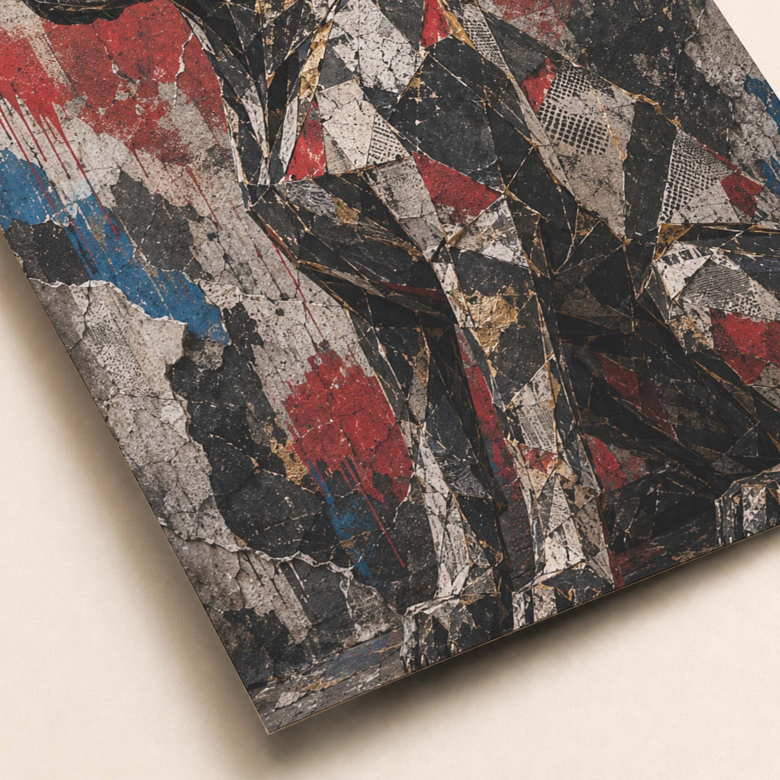 Détail de l'affiche chien géométrique avec texture murale et contrastes rouge noir