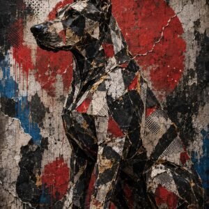 Affiche représentant un chien au style géométrique, construit comme un collage urbain plein de relief. Le fond texturé, presque brut, donne tout de suite du caractère à l'image