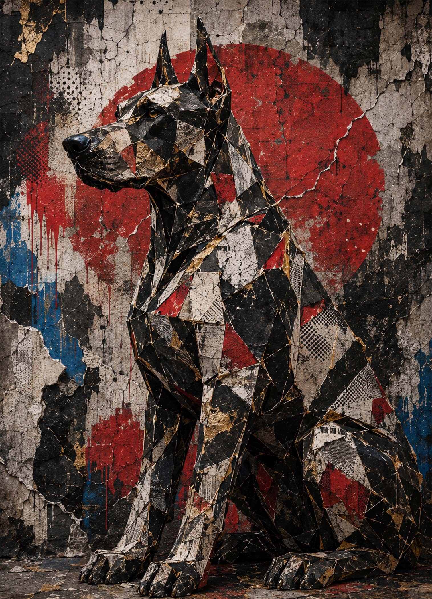 Affiche représentant un chien au style géométrique, construit comme un collage urbain plein de relief. Le fond texturé, presque brut, donne tout de suite du caractère à l'image