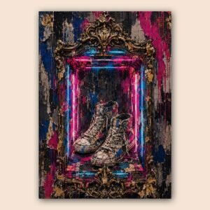 Affiche avec baskets usées, cadre baroque doré et fond urbain coloré