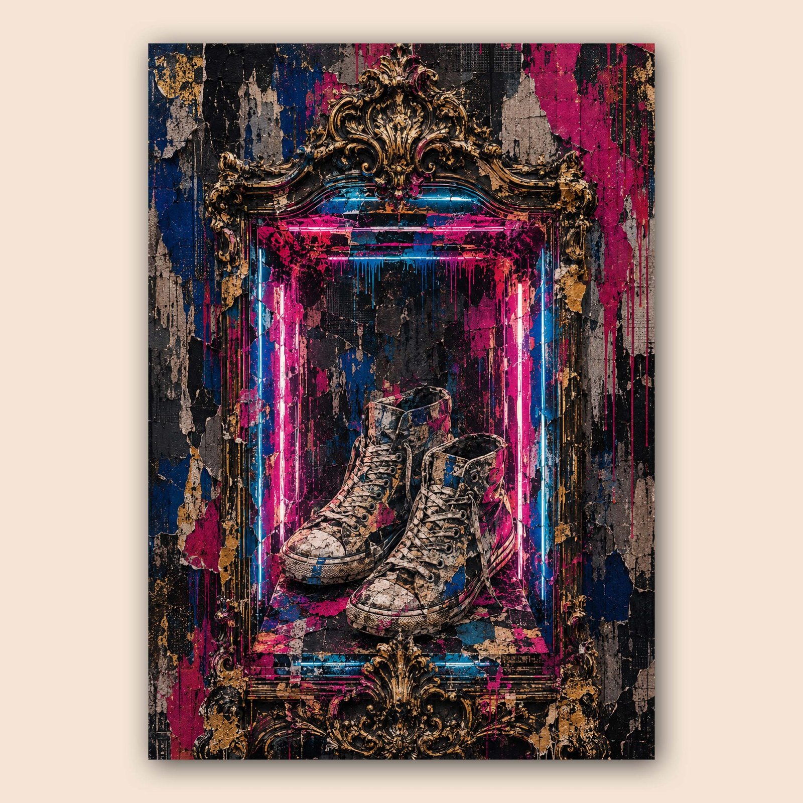 Affiche avec baskets usées, cadre baroque doré et fond urbain coloré