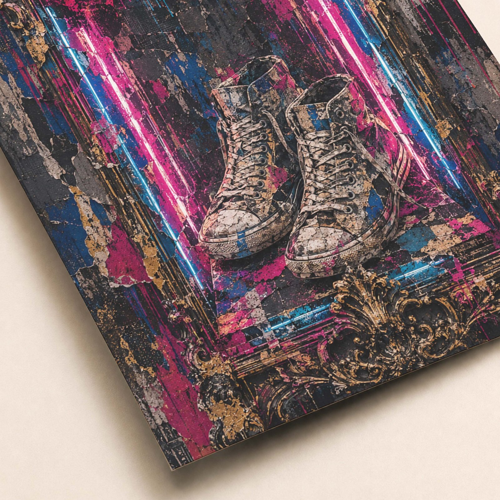 Détail de l’affiche montrant les baskets usées et les textures néon