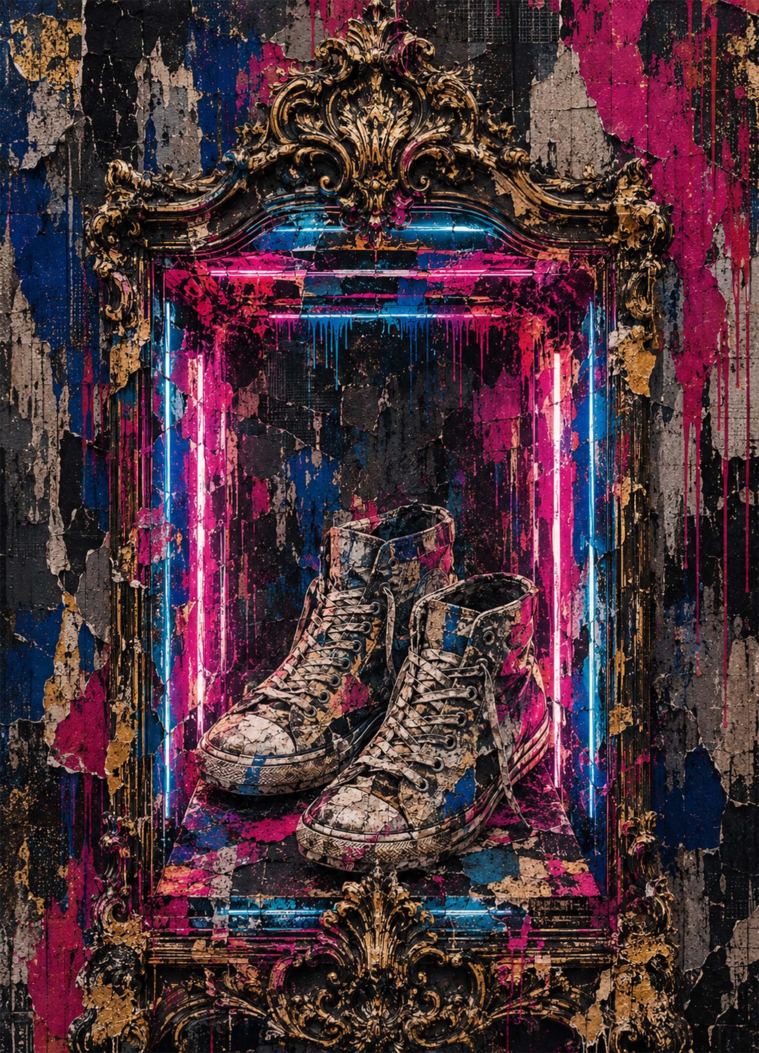 Affiche représentant une composition autour de baskets néon