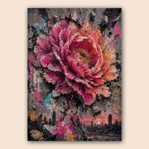 Affiche décorative avec fleur fuchsia et fond de ville