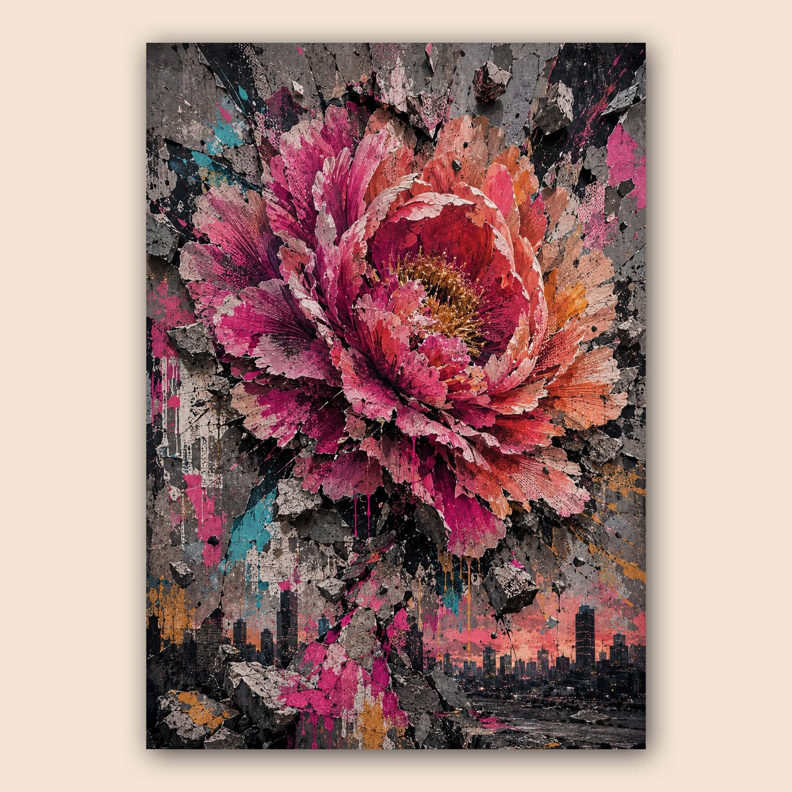 Affiche décorative avec fleur fuchsia et fond de ville